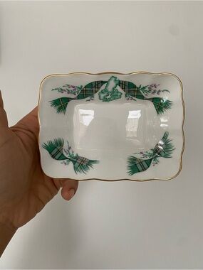 Royal Albert Porcelain Trinket Dish with Green Plaid Ribbon and Gold Edge